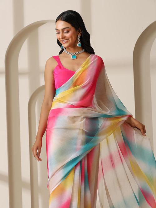 Bubble Gum Dreams Chiffon Saree with Pendants and Fuchsia Blouse Fabric