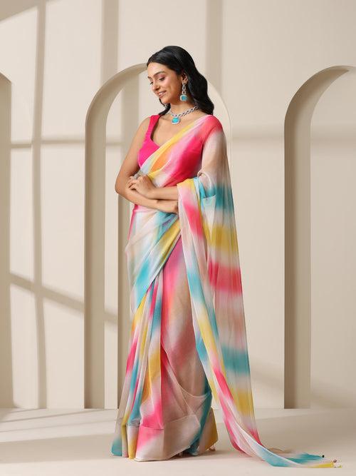 Bubble Gum Dreams Chiffon Saree with Pendants and Fuchsia Blouse Fabric