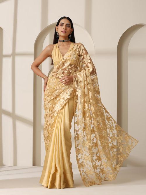 Floral Net Cream Gold Chiffon Saree with Blouse fabric