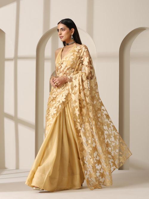 Floral Net Cream Gold Chiffon Saree with Blouse fabric