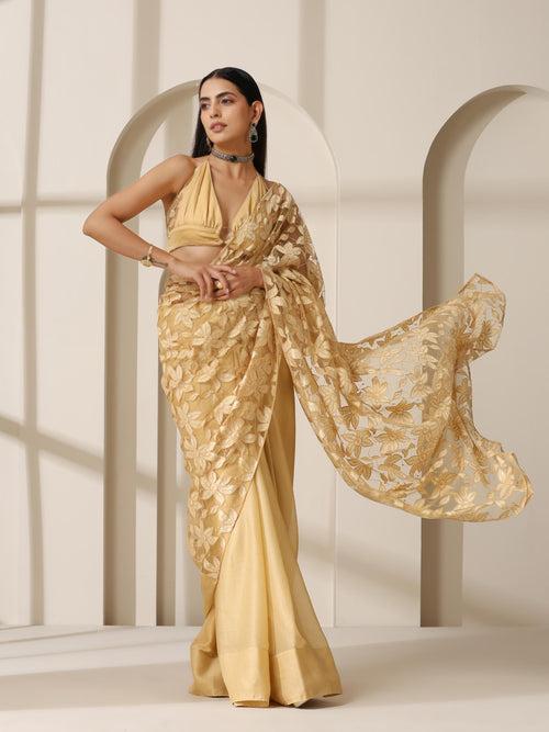 Floral Net Cream Gold Chiffon Saree with Blouse fabric