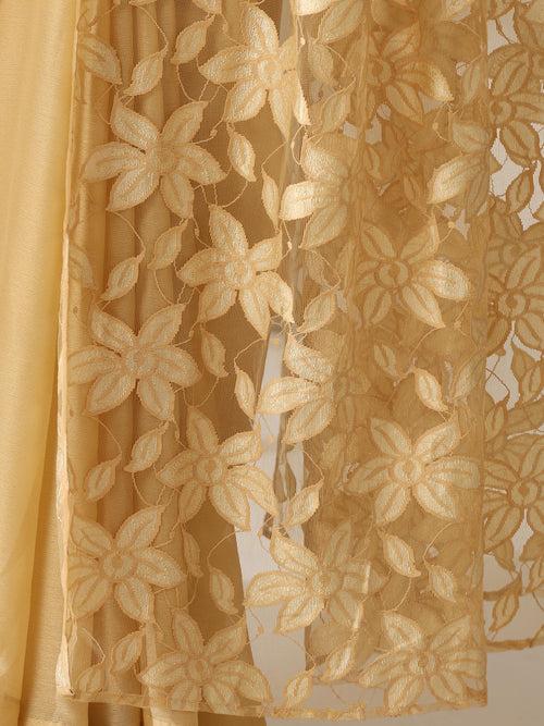 Floral Net Cream Gold Chiffon Saree with Blouse fabric