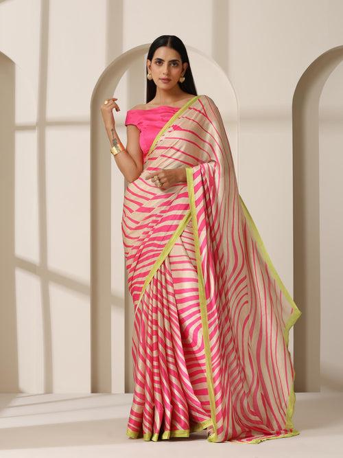 Flirty Fuchia Waves Satin Print Saree with Neon Border & Blouse Fabric