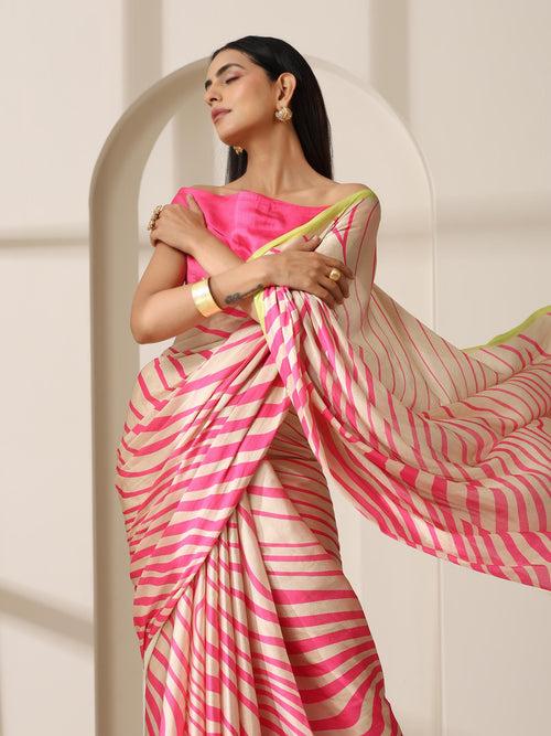 Flirty Fuchia Waves Satin Print Saree with Neon Border & Blouse Fabric