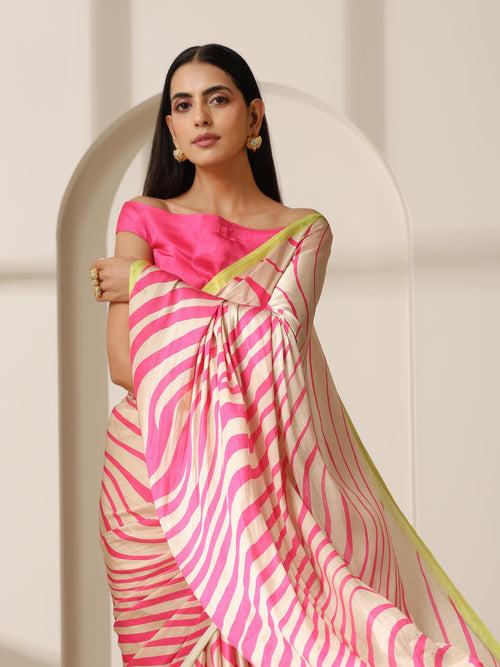 Flirty Fuchia Waves Satin Print Saree with Neon Border & Blouse Fabric