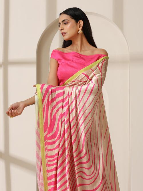 Flirty Fuchia Waves Satin Print Saree with Neon Border & Blouse Fabric