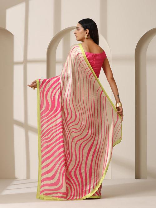 Flirty Fuchia Waves Satin Print Saree with Neon Border & Blouse Fabric