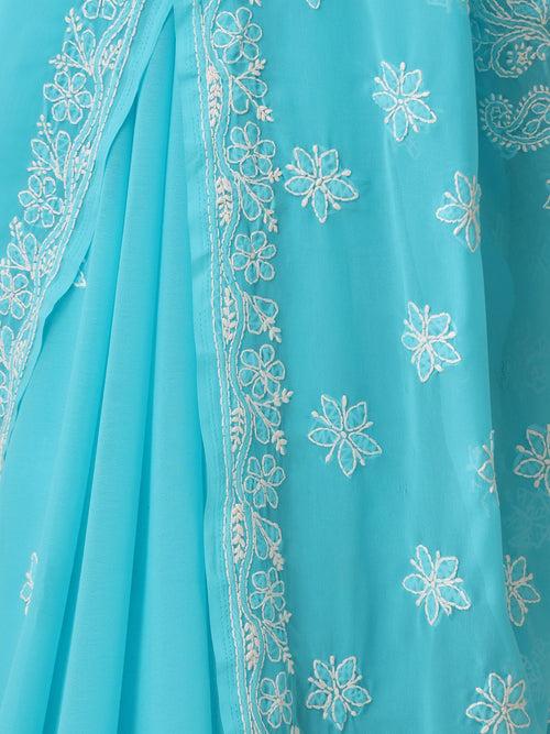 Blue Bhakhiya Hand Chikankari Saree with Blouse Fabric