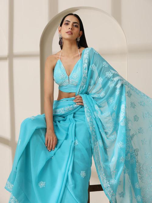 Blue Bhakhiya Hand Chikankari Saree with Blouse Fabric