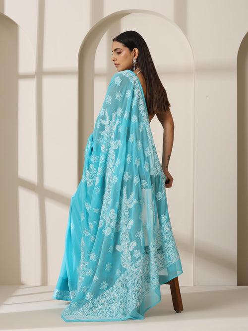 Blue Bhakhiya Hand Chikankari Saree with Blouse Fabric