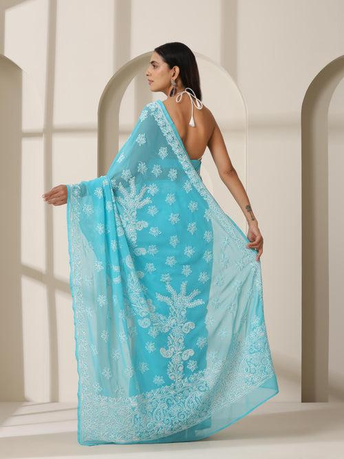 Blue Bhakhiya Hand Chikankari Saree with Blouse Fabric