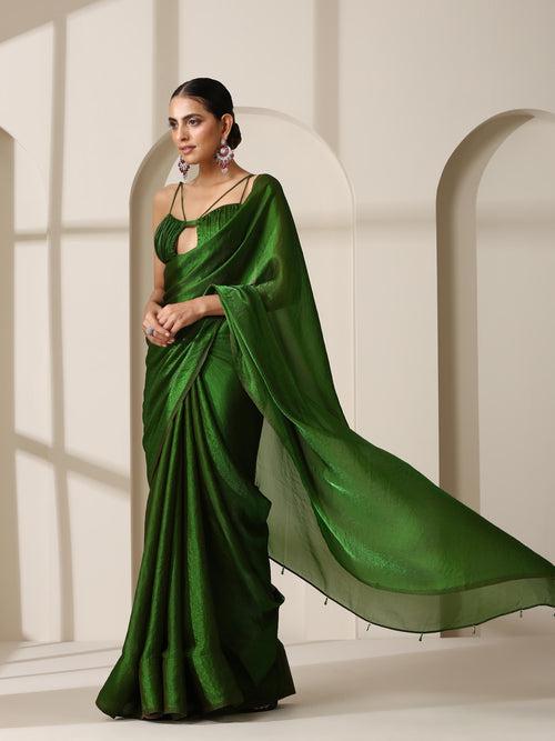 Intoxicated Metallic Satin Green Saree with Blouse Fabric