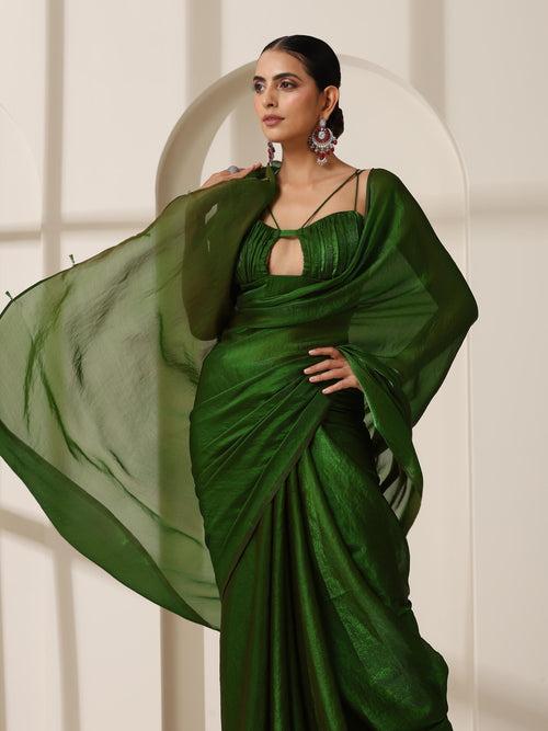 Intoxicated Metallic Satin Green Saree with Blouse Fabric