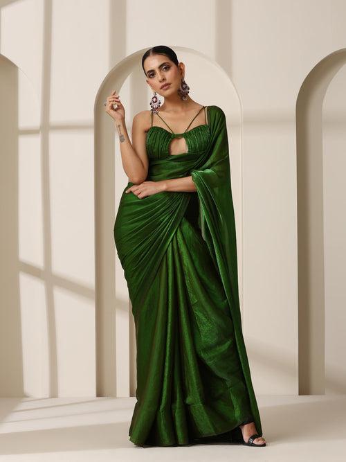 Intoxicated Metallic Satin Green Saree with Blouse Fabric