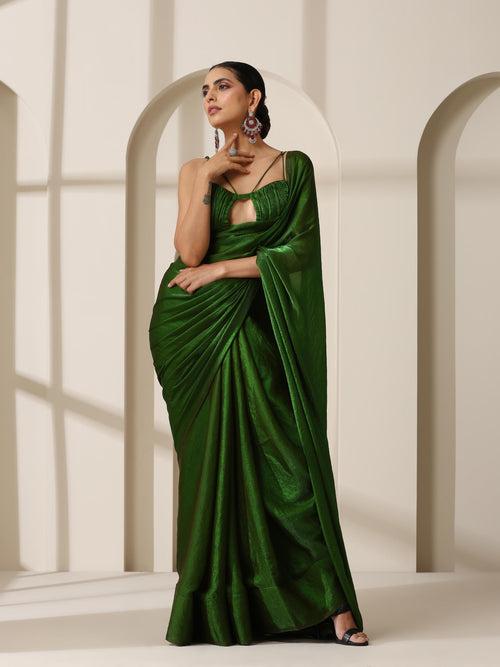 Intoxicated Metallic Satin Green Saree with Blouse Fabric