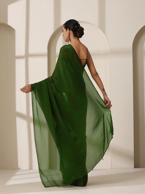 Intoxicated Metallic Satin Green Saree with Blouse Fabric