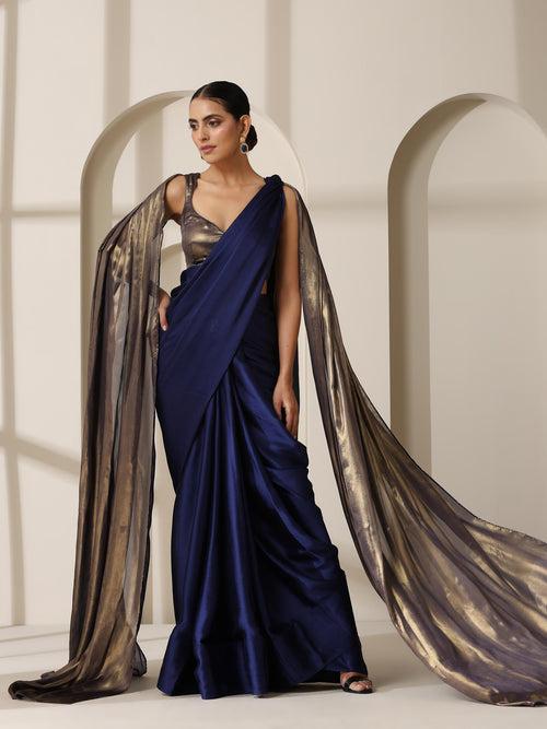 Royal Blue Chiffon Saree with Blue Gold Blouse Fabric