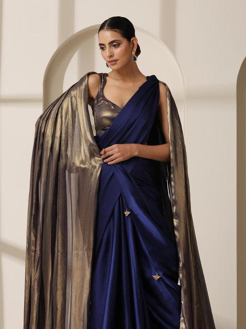 Royal Blue Chiffon Saree with Blue Gold Blouse Fabric