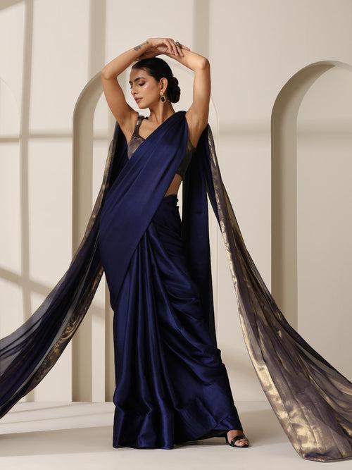 Royal Blue Chiffon Saree with Blue Gold Blouse Fabric