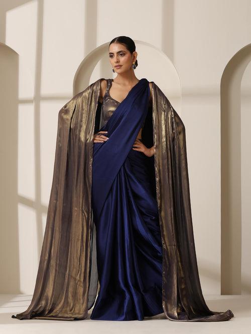 Royal Blue Chiffon Saree with Blue Gold Blouse Fabric