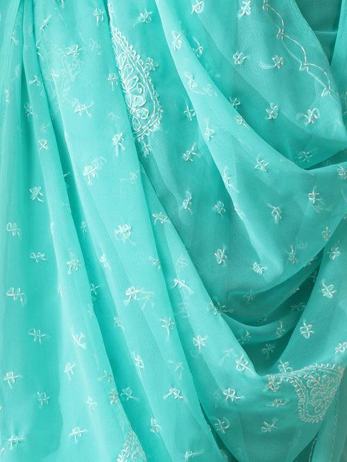 Aqua Green Rahet Hand Chikankari Saree with Blouse Fabric