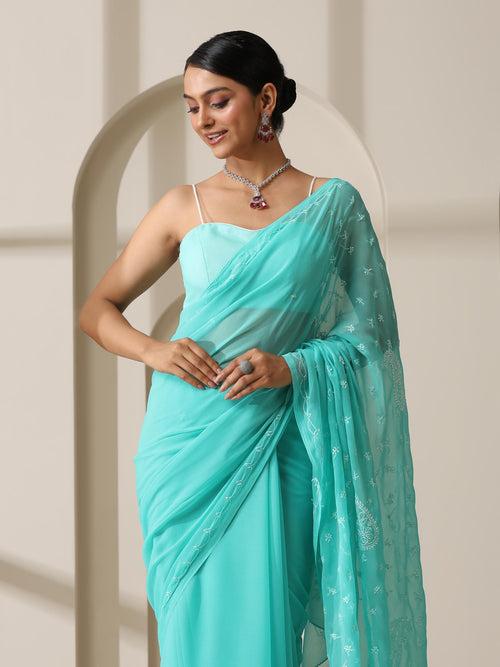 Aqua Green Rahet Hand Chikankari Saree with Blouse Fabric