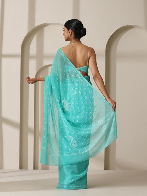 Aqua Green Rahet Hand Chikankari Saree with Blouse Fabric