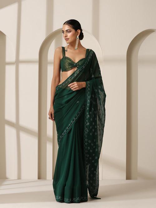 Emerald Green Rahet Hand Chikankari Saree with Blouse Fabric