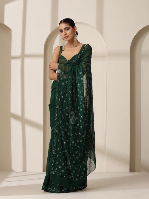 Emerald Green Rahet Hand Chikankari Saree with Blouse Fabric