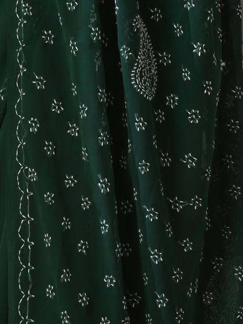 Emerald Green Rahet Hand Chikankari Saree with Blouse Fabric