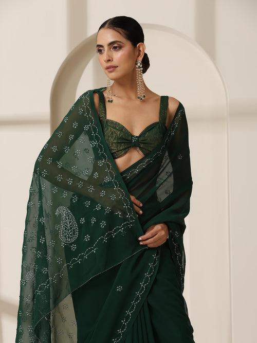 Emerald Green Rahet Hand Chikankari Saree with Blouse Fabric