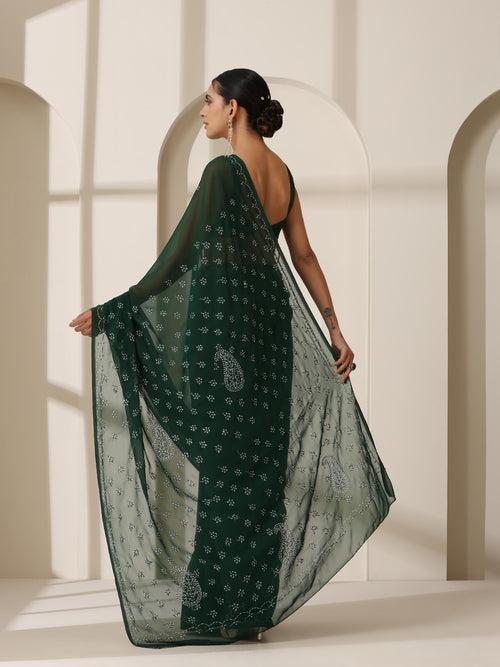 Emerald Green Rahet Hand Chikankari Saree with Blouse Fabric