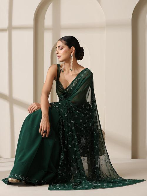 Emerald Green Rahet Hand Chikankari Saree with Blouse Fabric
