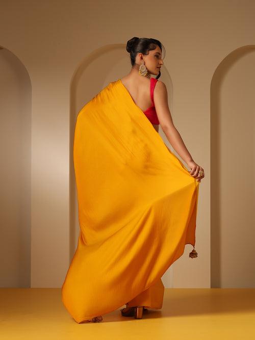 Haldi Yellow Dual Shade Satin Saree with Fuchsia Satin Blouse Fabric