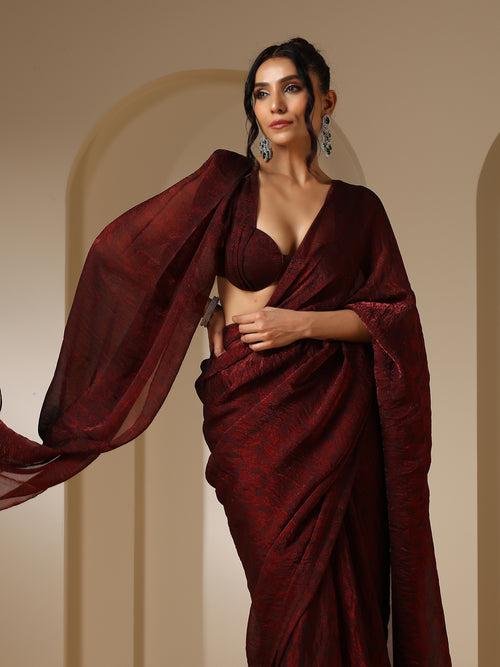 Majestic Maroon Paisley Chiffon Saree with Bronze Long Pendants