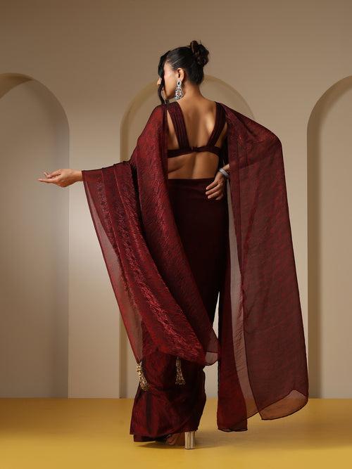 Majestic Maroon Paisley Chiffon Saree with Bronze Long Pendants