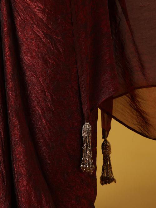Majestic Maroon Paisley Chiffon Saree with Bronze Long Pendants