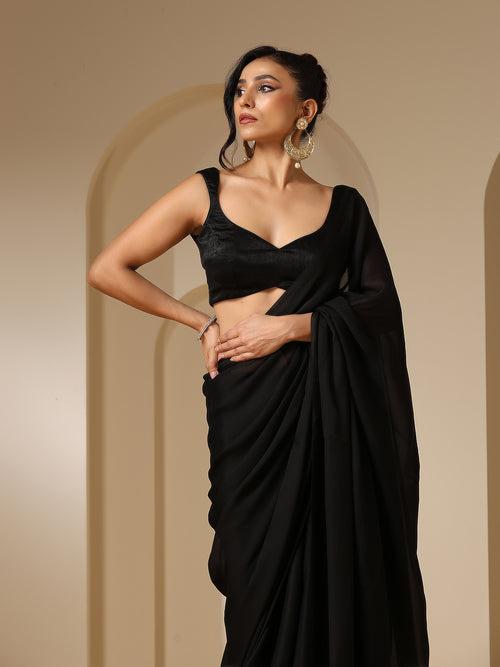 Black Panther Satin Chiffon Saree with Blouse Fabric