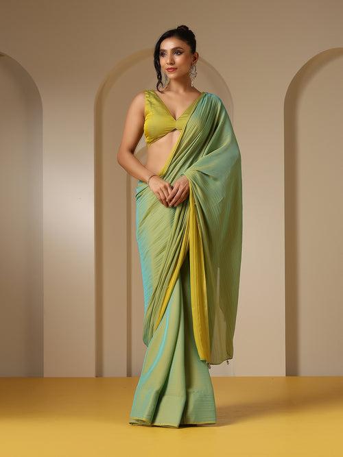 Yellow and Blue Dual Shade Soft Chiffon Saree with Blouse Fabric