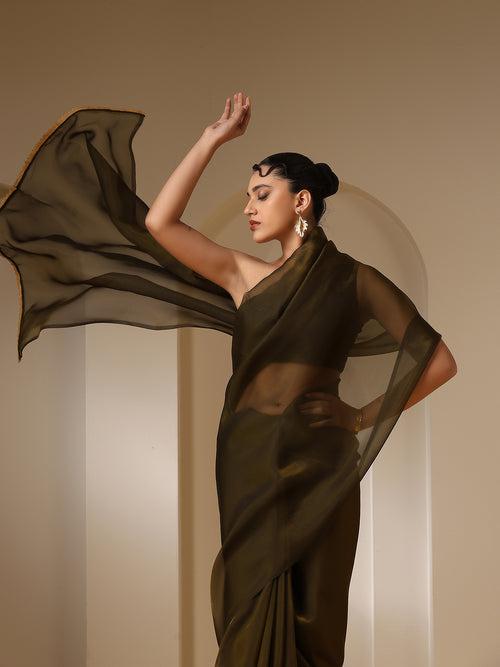 Knockout Henna Chiffon Gold Saree with Self Blouse Fabric