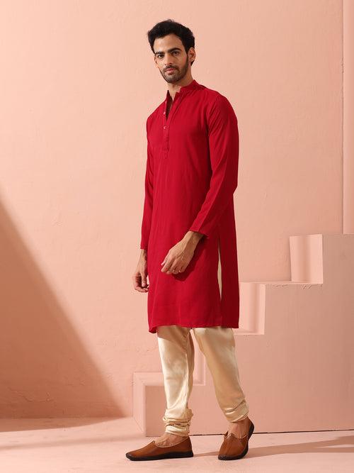 Red Korean Fabric Kurta with Hidden Placket