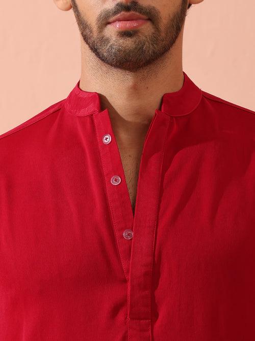 Red Korean Fabric Kurta with Hidden Placket