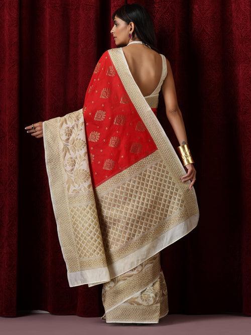 Sindoor Khela Red and Cream Cotton Silk Saree with Blouse Fabric