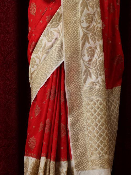 Sindoor Khela Red and Cream Cotton Silk Saree with Blouse Fabric