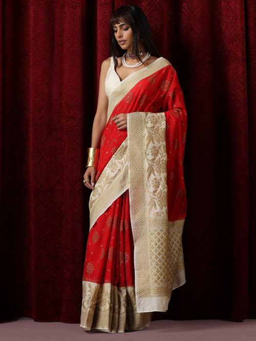 Sindoor Khela Red and Cream Cotton Silk Saree with Blouse Fabric