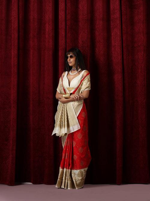 Sindoor Khela Red and Cream Cotton Silk Saree with Blouse Fabric