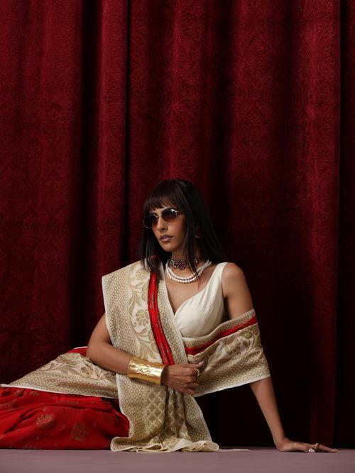 Sindoor Khela Red and Cream Cotton Silk Saree with Blouse Fabric