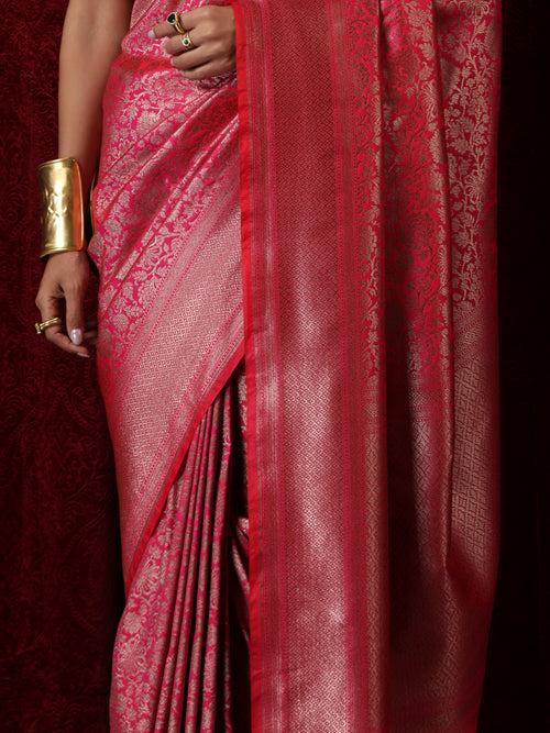 Banarasi Fuchsia Red Jaal Silk Saree with Blouse Fabric