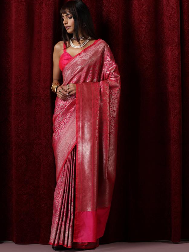 Banarasi Fuchsia Red Jaal Silk Saree with Blouse Fabric