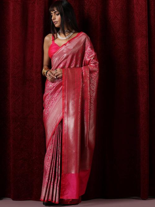 Banarasi Fuchsia Red Jaal Silk Saree with Blouse Fabric